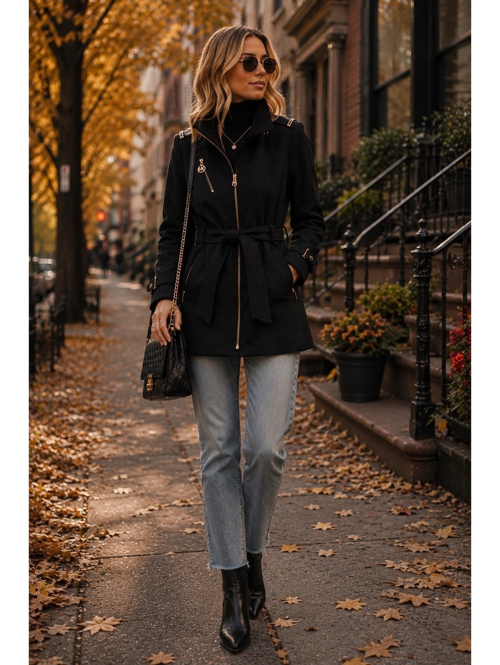 Michael Kors Jacket Womens Black Gold Asymmetrical Zip Wool Trench Coat Size 6